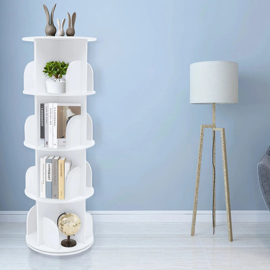 2/4-Tier Wooden Rotatable Bookshelf - 360°Display Floor Standing Storage Rack, White Multifunctional Bookshelf Organizer