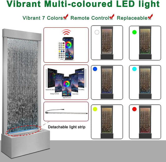 Mirror Waterfall Fountain Indoor, 48" Water Feature With 7 Colors Light, Self-Contained LED Kit, Large Stainless Steel Home Deco