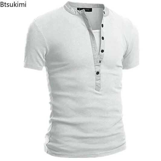 2026 Men's Summer Casual Shirts Solid V-neck Button Slim Fit T-Shirts for Men Fashion Short Sleeve Tees Tops Men Clothing S-3XL