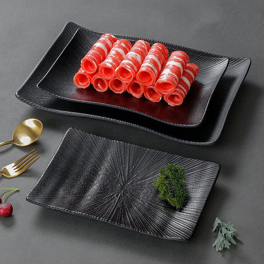 Pretty Black Melamine Plates Steak Barbecue Trays for Meal Vegetables Fruit Western Dinner Dishes Beautiful Tableware Decoration