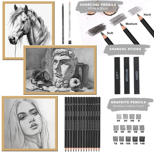 14-60 pcs Drawing Set Sketching Kit - Art Supplies,for Adults Artists with 3-Color Sketchbook,Graphite,Pastel,Charcoal Pencils