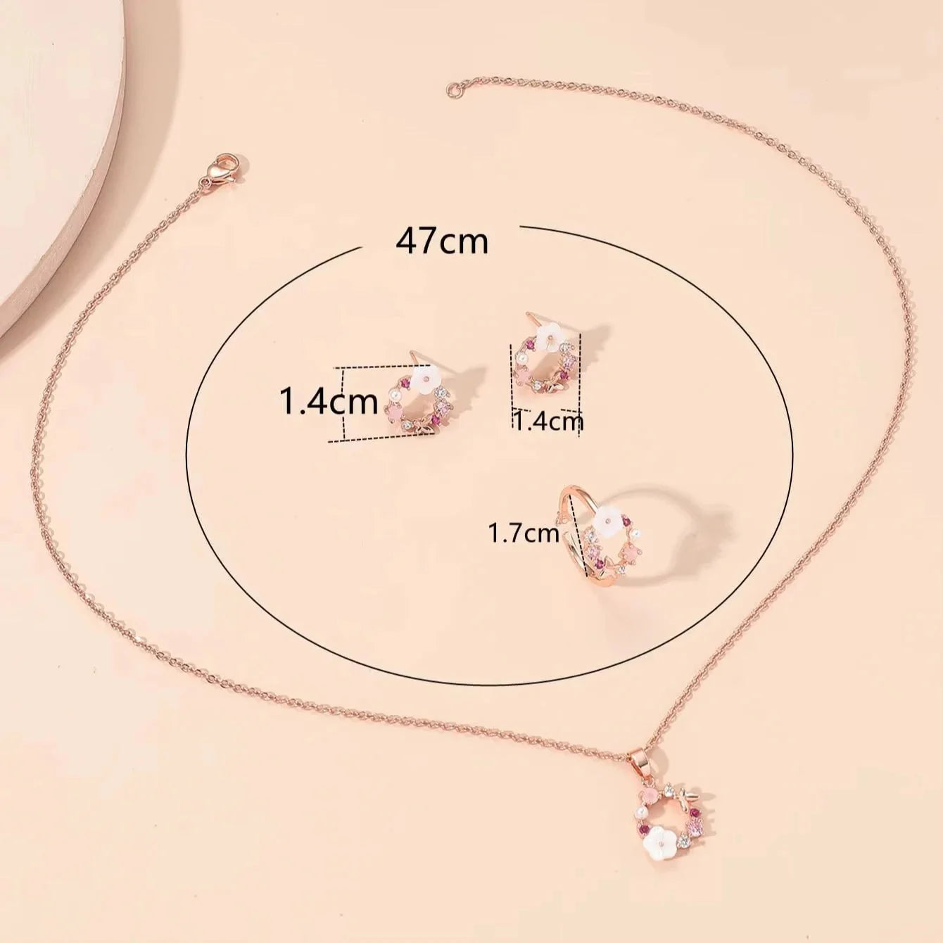 4 Pieces Rose Gold-color Lady Flower Fashion Accessories Zircon Simple Ornate Exquisite Necklace Ring Earrings Jewelry Set