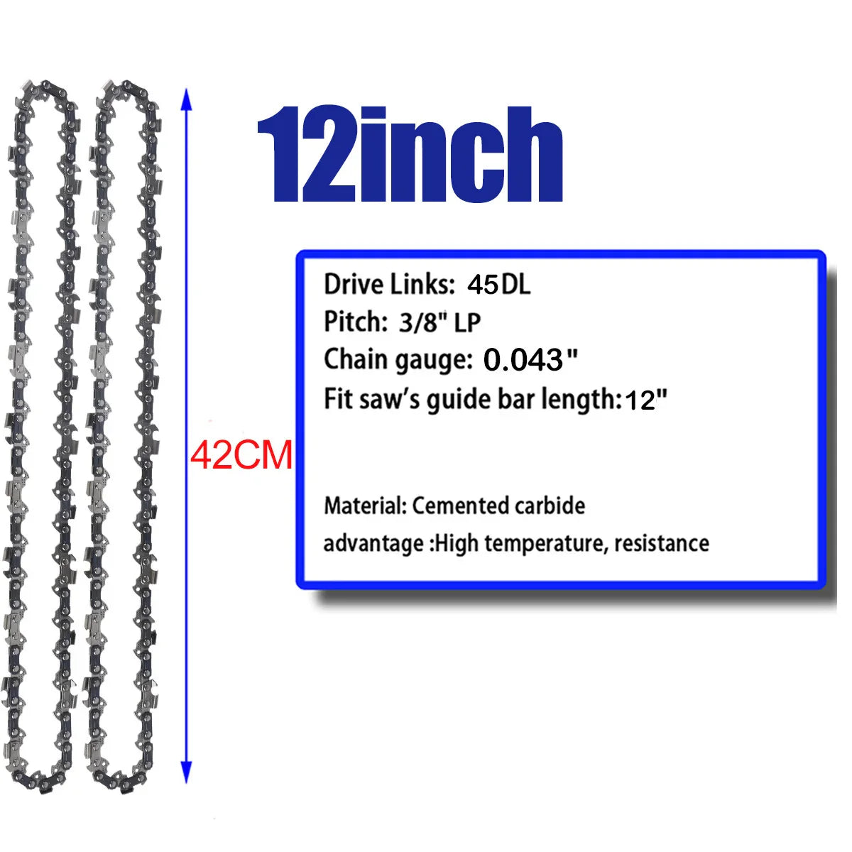 12 Inch Chainsaw Chain 3/8" LP Pitch .043'' Gauge 45 Drive Links Fits For DeWalt DCCS620P1 Ryobi, Craftsman, Makita and More