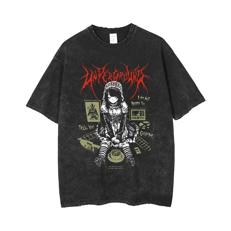 Anime Men's T Shirts Gothic Printed T-Shirt Hip Hop Streetwear Punk Summer Vintage Washed Oversized Tops Men Clothing