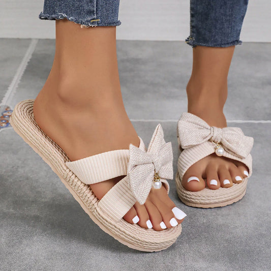 Ladies Sandals Slippers Solid Colour Bow Beach Outer Wear Flat Bottom Large Size Anime Slippers For Women Dressy Sandalias