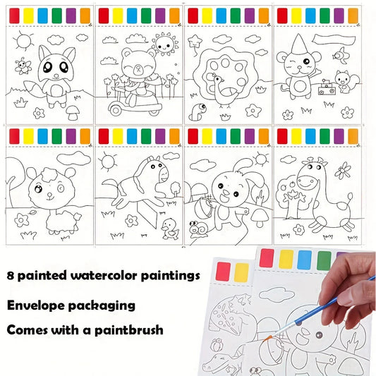 A Set of Art Tools, Including 8 Pieces of Art Paper, 8 Brushes,and 6 Colors of Paint,Suitable for Students and DIY Handmade Sets