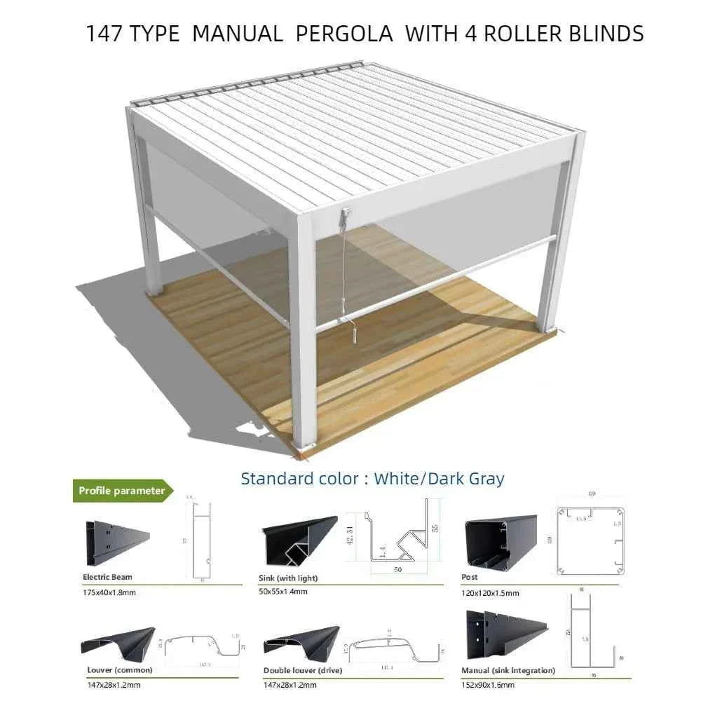 Bioclimatic Aluminum Pergola 3x4m/10x13ft Manual flip louvered roof with roller blinds gazebo canopy carport garden