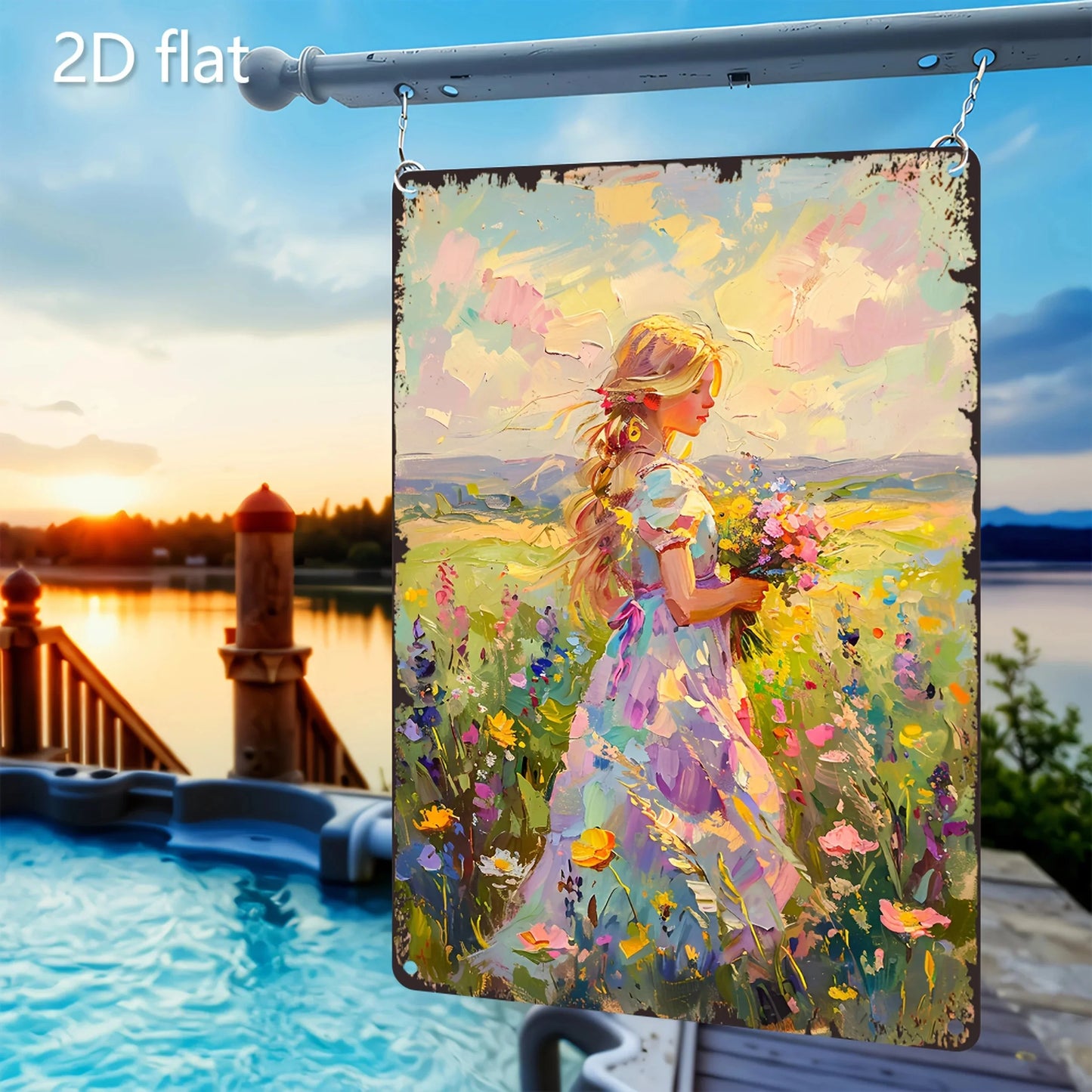 Vibrant Floral Scene 2D Flat Wall Art - Blonde Woman & Wildflowers Metal Sign, 8x12 Inch Indoor/Outdoor Decor