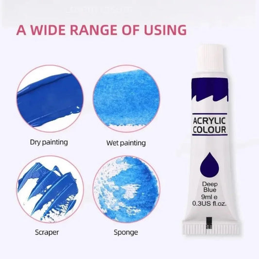 12 Color Acrylic Paint Set 9ml Tubes Waterproof Art Supplies for Beginner Artists DIY Painting on Canvas Wall Art Stationery