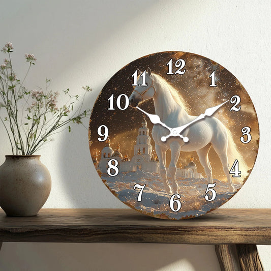 White Horse in Snowy Landscape Round Wall Clock, Ethereal Equine Art Decorative Clock, Dreamy Winter Scene Timepiece for Wall Ar