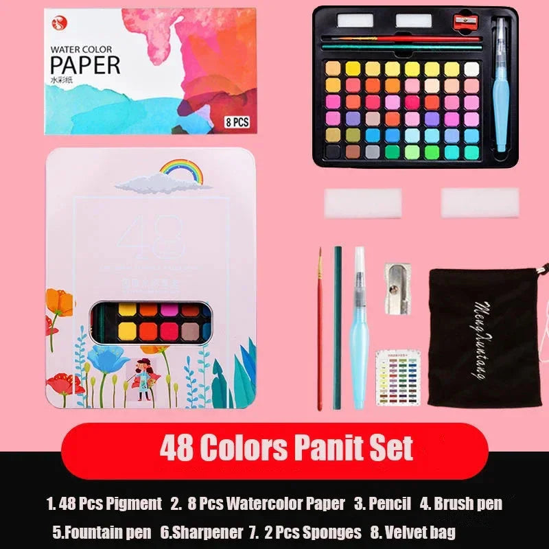 Watercolor Painting 48 Colors Solid Water Color Paint With Brush&Paper Drawing Set Art Supplies for Artists Beginner