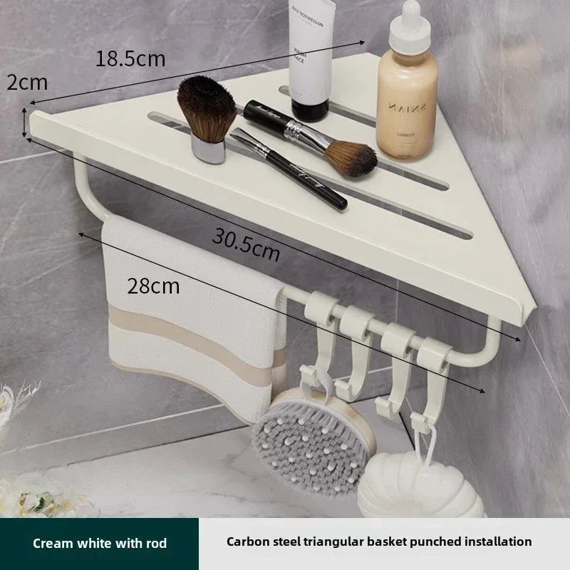 Bathroom Triangle Drain Shelf No Drilling Wall Mounted Cosmetic and Toiletries Hollow Carbon Steel Shelf with Hooks