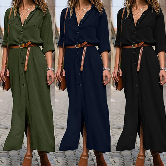 Womens Lace Up Tunic Dresses Summer Streetwear Long Sleeve Shirt Dresses With Belt casual Solid Color Linen Maxi Dress for women