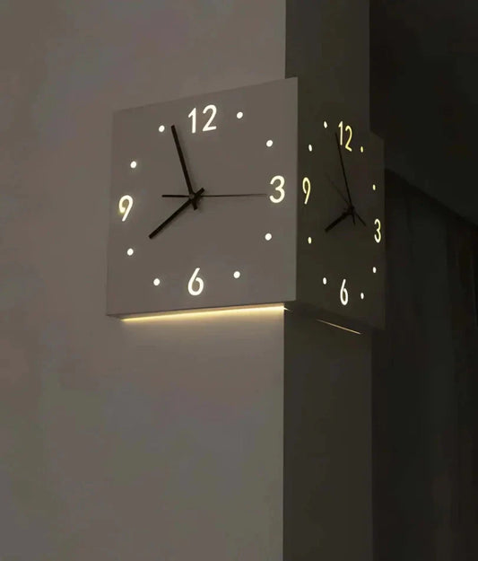 Ivory Corner Wrapping Double Sided Luminous w/ Light Sensor 16" Modern Wall Clock