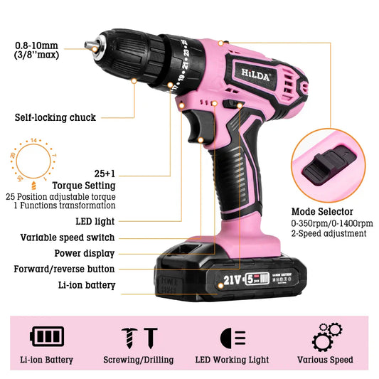 HILDA 21V Pink Drill Electric Drill Electric Screwdriver Cordless Drill Mini Wireless Power Tools Lithium-Ion Battery