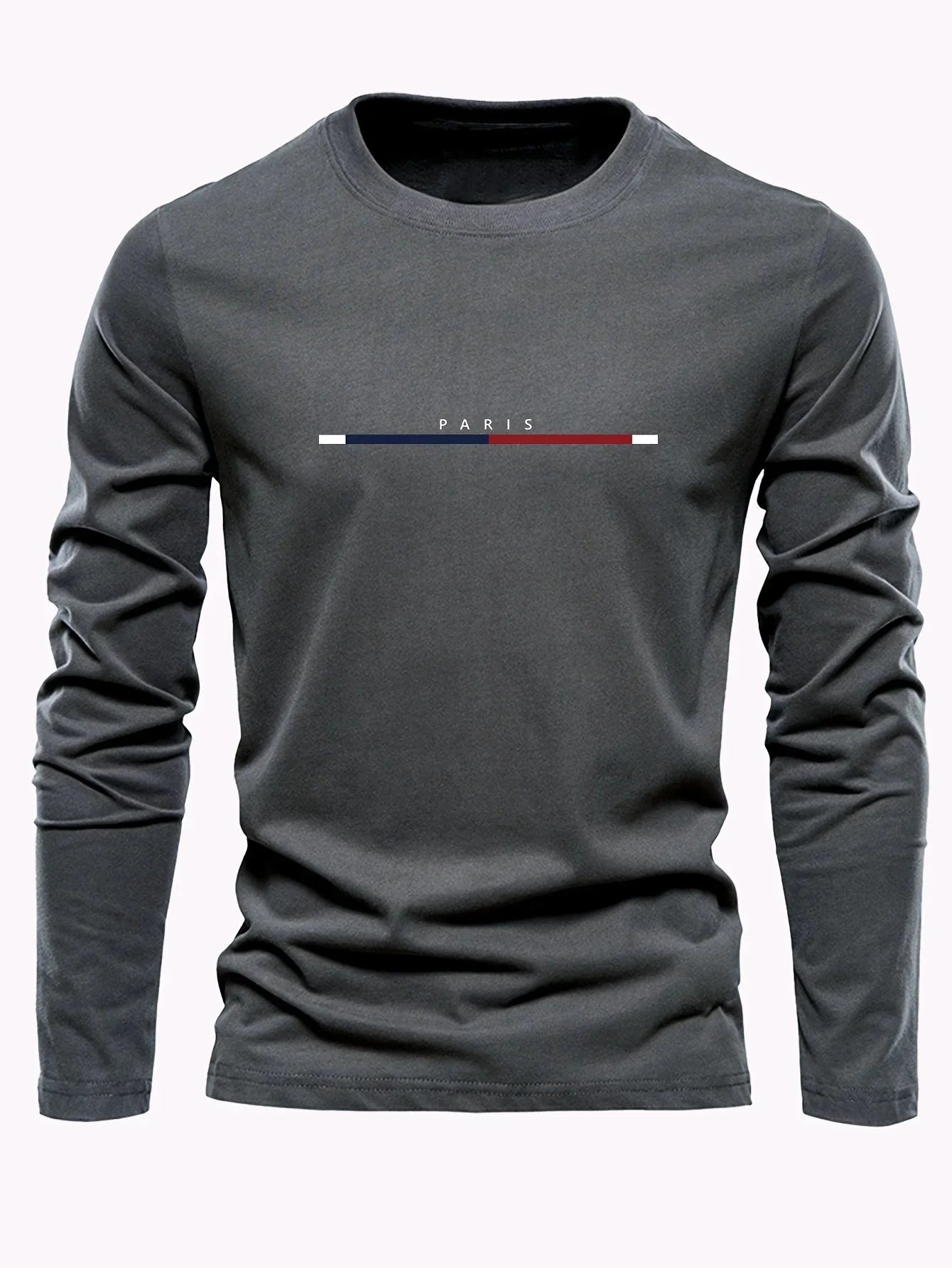 Men's 100% pure cotton summer loose comfortable casual PARIS print large round neck long sleeve T-shirt top