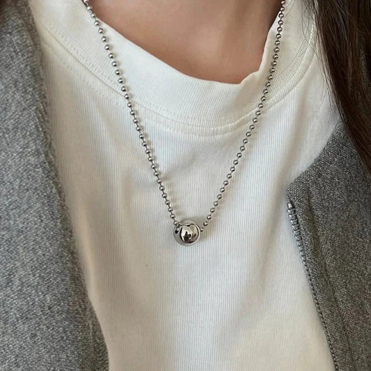 Personality Design Silver Color Stainless Steel Beaded Ball Pendant Necklace for Women Double Layer Hip Hop Rock Chokers Jewelry