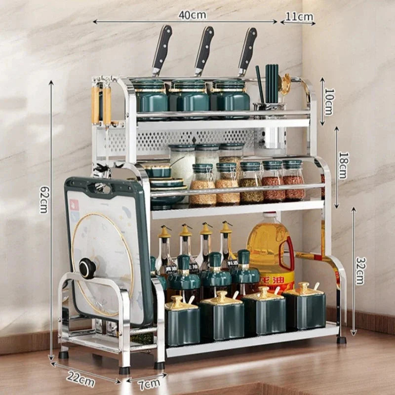 Stainless Steel Kitchen Storage Shelf Seasoning Jar Spice Storage Rack Chopsticks Knife Shelf Bar Organizer Kitchen Supplies