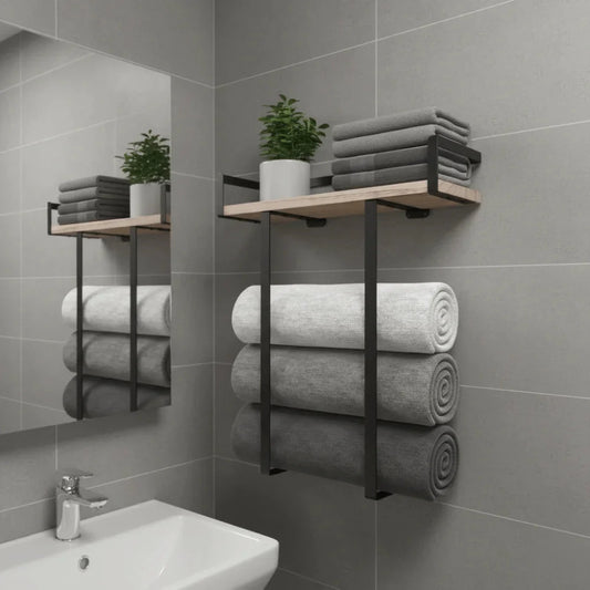 Wood and Iron Bathroom Shelf Rectangle Shape Rust Proof Shower Shelf Large Capacity Space Saving Wall Mounted Shelf