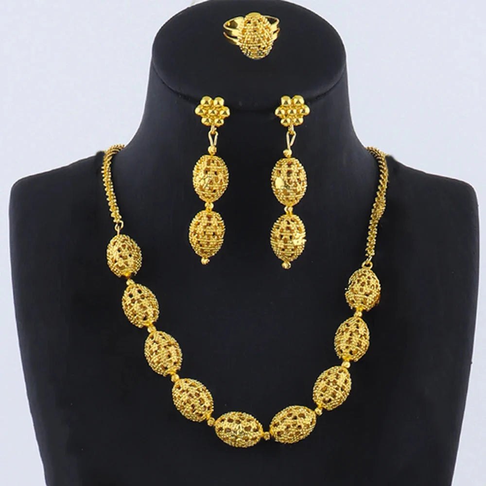 women jewelry set indian arabic african ethiopian golden color jewelry set Hollow Out Oval Necklace Earrings Ring free shipping