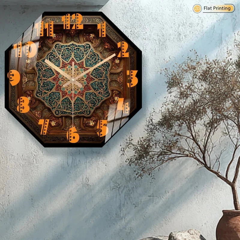 2D-Flat Distinctive Islamic Calligraphy Octagon Intricate Geometric Wall Clock for Office Kitchen Halloween Mother's Day Gifts