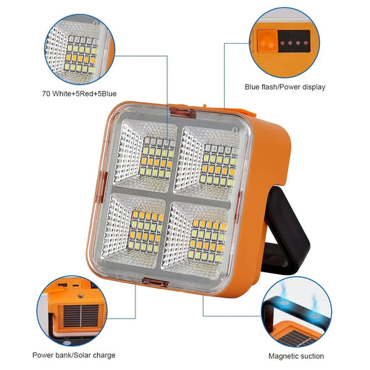Solar rechargeable multifunctional led work light, portable outdoor floodlight-1200mah lithium battery, suitable for camping.