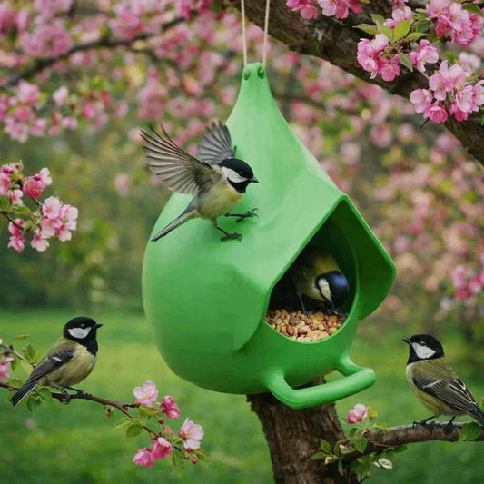 House Shape Waterproof Hanging Bird Feeder Rainproof Large Capacity Hummingbird Feeder with Stand Birds Food Catcher Outdoor