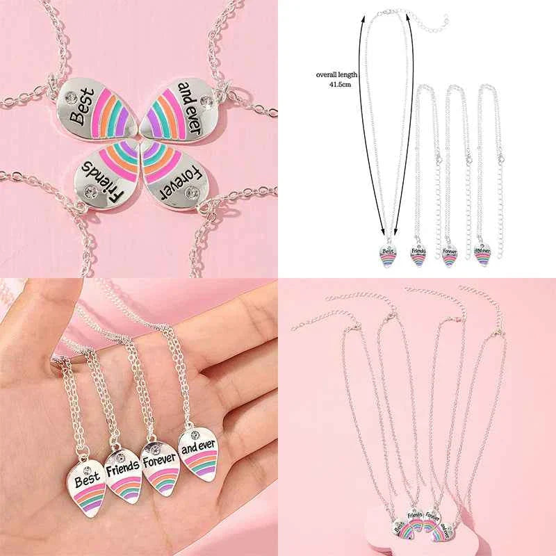 4Pcs/set Best Friends Forever And Ever Rainbow Pendant BFF Necklace Good Friends Friendship Jewelry Gift for Girls