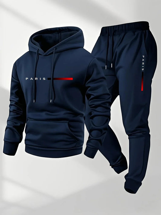 Paris Letter Printed Sweatshirt Set Men's Wool Hooded Sweatshirt Pants Set Spring and Autumn Winter Warm Casual Sportswear Set