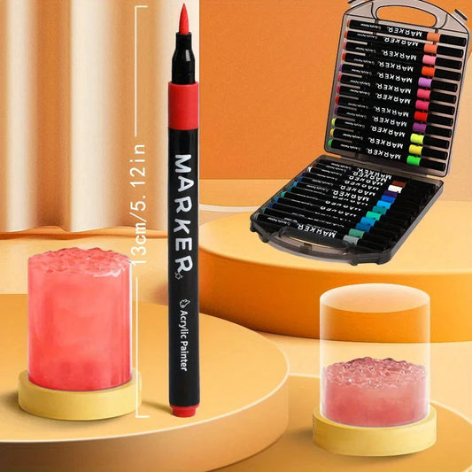 Professional Art Use 24-Color Acrylic Paint Markers, Dual-Tip Fine and Brush Tip Pens, Suitable for Stone, Wood, Calligraphy, Ca