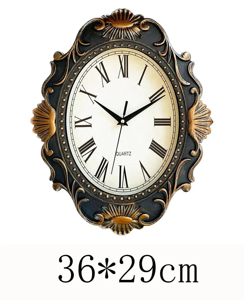 14" Vintage European Court elegance classical Style Wall Clock with Electroplated Black Gold/Silver & Roman Numerals for bedroom