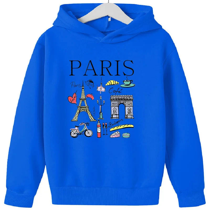 Girls Paris Landmarks & Food Pattern Print Hoodie Sweatshirt GYM Lover Thick Birthday Gift Top for Kids