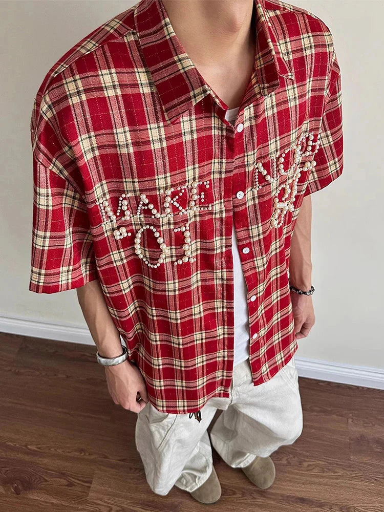 Trendy Pearls Stitching Shirts For Men 2025 Summer New Casual Plaid Shirt Mens Vintage Button-up Turn-down Collar Cardigan Tops