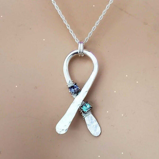 Silver Suicide Prevention Awareness Ribbon Necklace with Purple and Teal Crystals