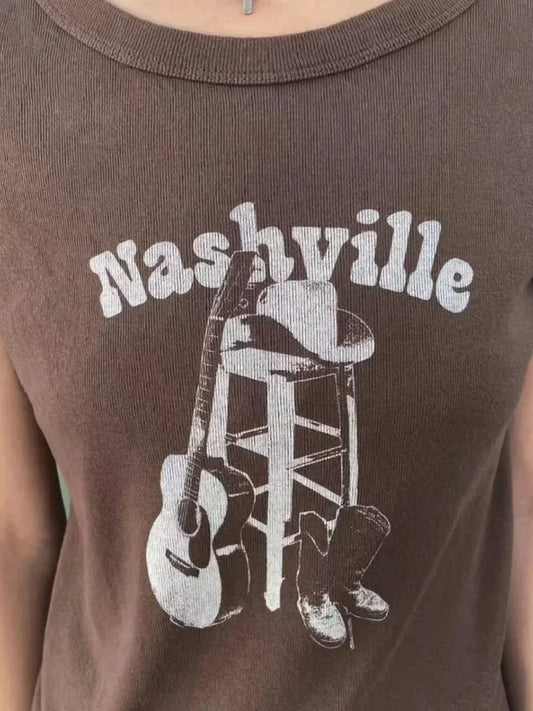 Vintage Brown Guitar Print Slim Tee Tops Women