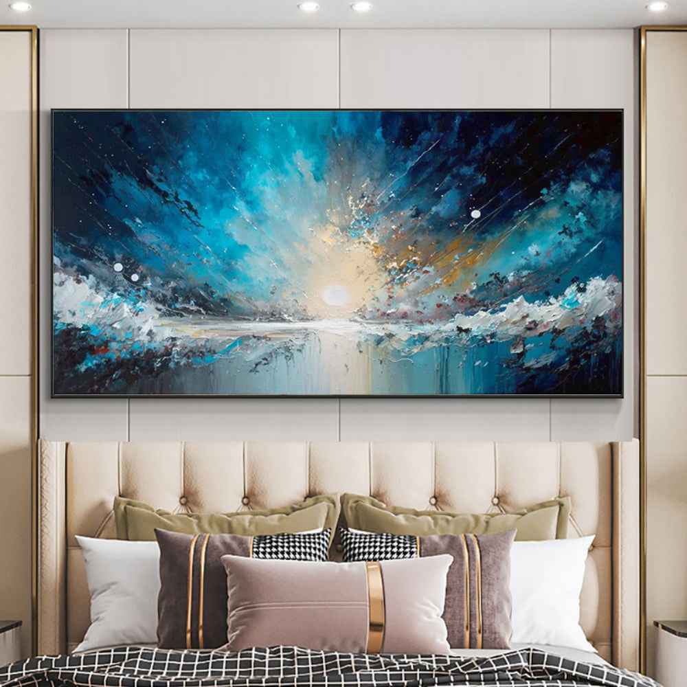 Handmade Oil Painting Canvas Wall Art Decoration Abstract Blue Starry Sky Ocean Artwork For Home Living Room Decor Rolled Frameless Unstretched Painting