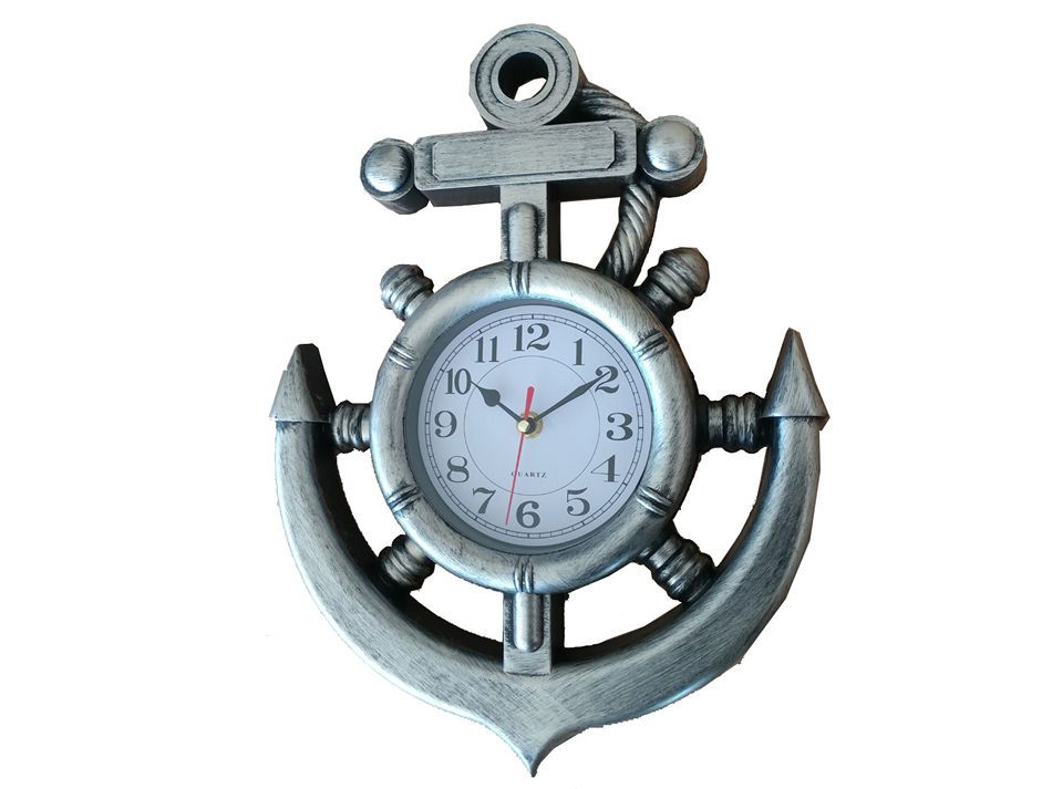 Silver Ship Wheel and Anchor Wall Clock 15""
