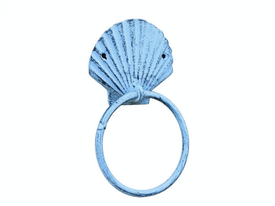 Rustic Dark Blue Whitewashed Cast Iron Seashell Towel Holder 8.5""