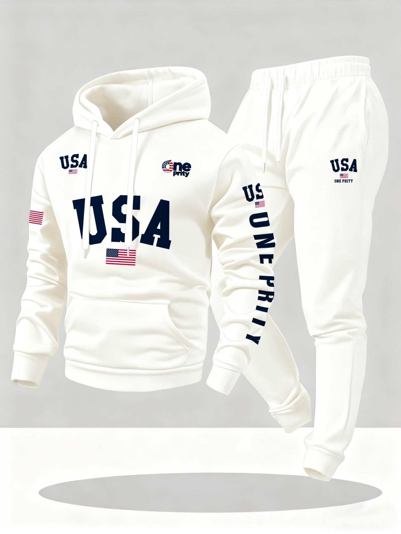 Men'S USA Flag Print Hoodie & Sweatpants Two-Piece Set - White with Red, White & Blue Design, Comfortable Warm Casual Streetwear Outfit, Regular Fit, Long Sleeve