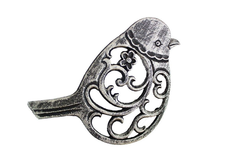 Rustic Silver Cast Iron Bird Trivet 8""