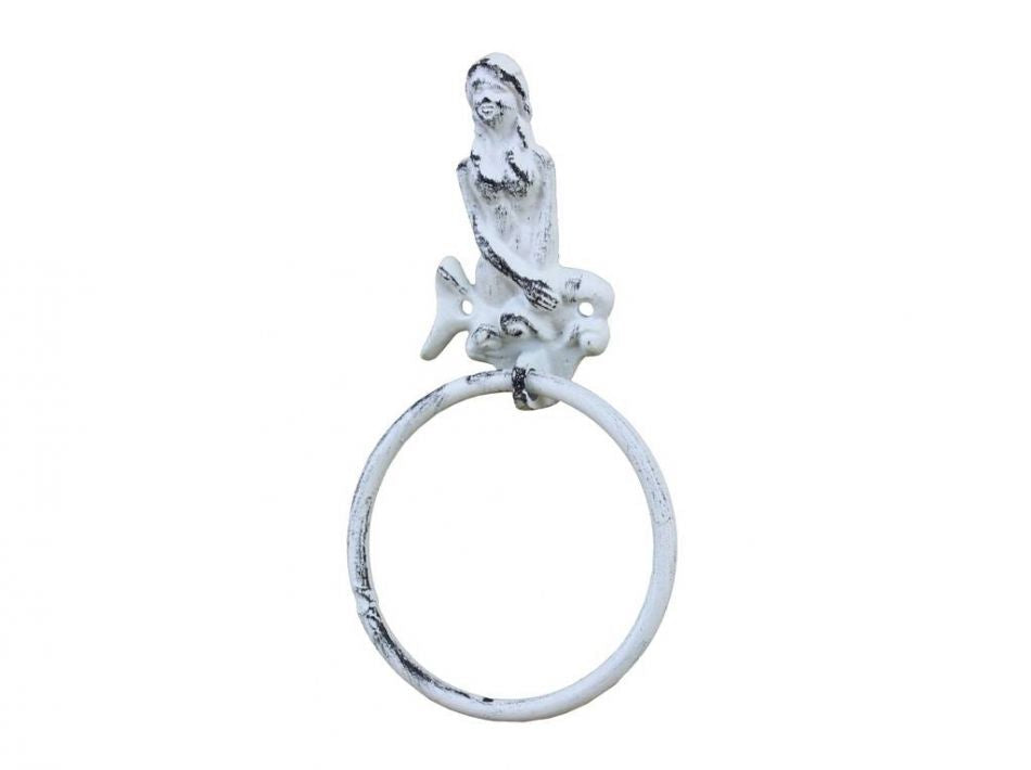 Rustic Whitewashed Cast Iron Mermaid Towel Holder 8.5""