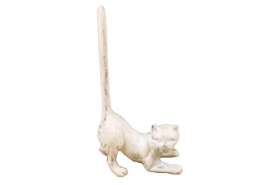 Whitewashed Cast Iron Cat Paper Towel Holder 10""