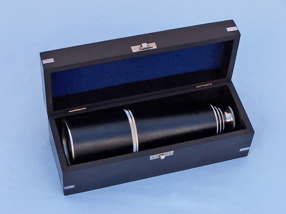 Deluxe Class Admiral's Chrome - Leather Spyglass Telescope 27"" with Black Rosewood Box