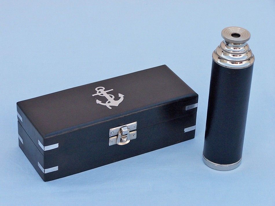 Deluxe Class Captain's Chrome - Leather Spyglass Telescope 14"" with Black Rosewood Box
