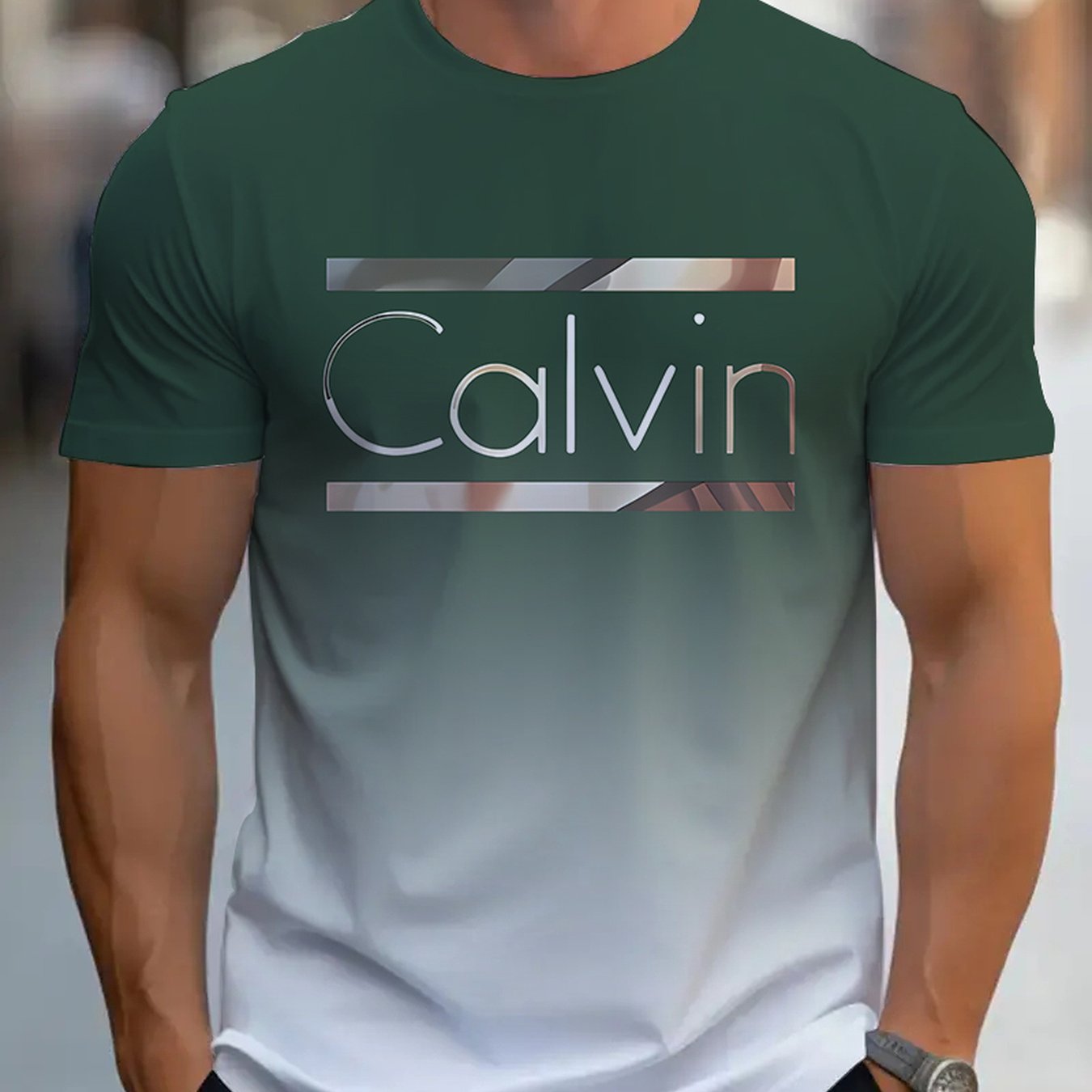 Summer Men'S 3D Digital Printing, Cool Gradual Change: "Calvin" Printed T-Shirt, Casual And Comfortable Versatile Men'S Round Neck Short Sleeves, Suitable for Daily And Sports Wear