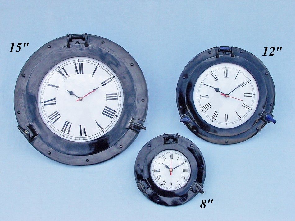 Brass Deluxe Class Porthole Clock 12"" - Dark Blue