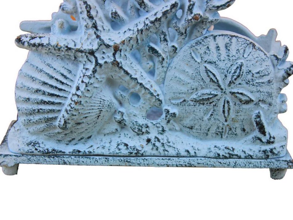 Rustic Dark Blue Whitewashed Cast Iron Seashell Napkin Holder 7""