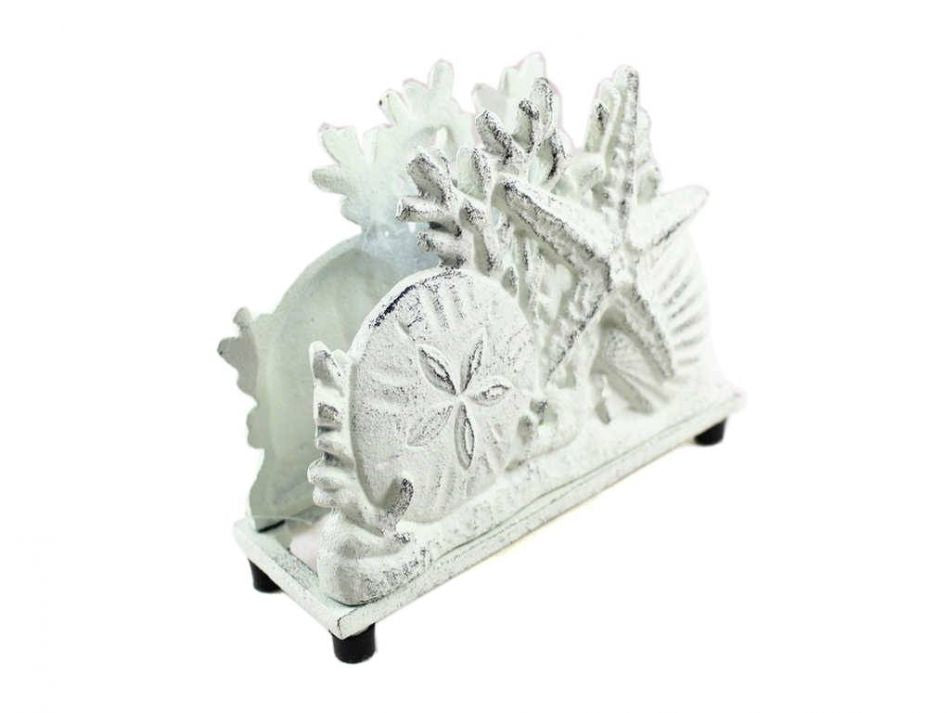 Rustic Whitewashed Cast Iron Seashell Napkin Holder 7""
