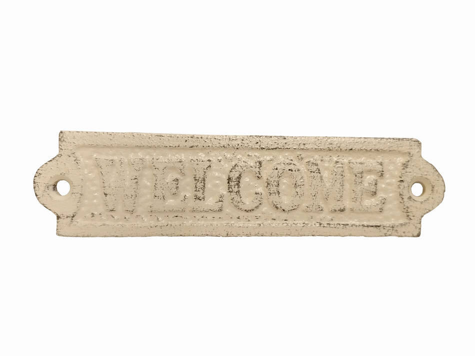 Aged White Cast Iron Welcome Sign 6""