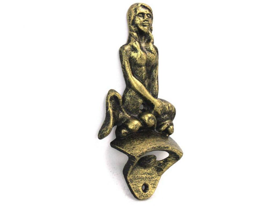 Antique Gold Cast Iron Wall Mounted Mermaid Bottle Opener 6""